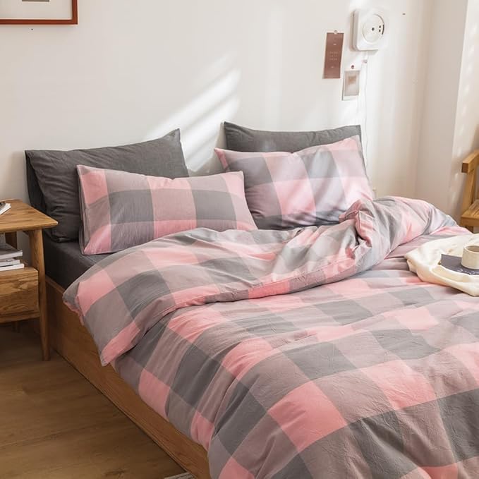 FACE TWO FACE Bedding Duvet Cover Set100% Washed Cotton Duvet Cover Linen Like Textured Breathable Durable Soft Comfy (Queen, Grey Powder Grid)