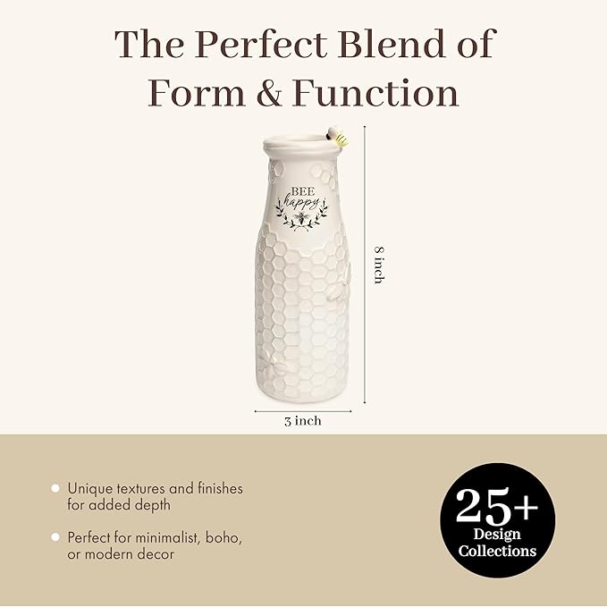 Young's Inc. Ceramic Flower Vase (Bee Happy) - White Ceramic Vase - Honeycomb Decor - 3" L x 3" W x 8" H Contains one Flower vase