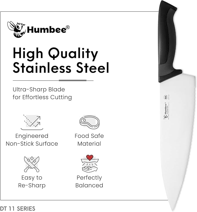 10 Inch Professional Chef Knife with Ergonomic Handle – NSF Certified Stainless Steel Kitchen Knife, Serrated Wave Teeth, Durable and Sharp Blade, DT 11 Series, Black
