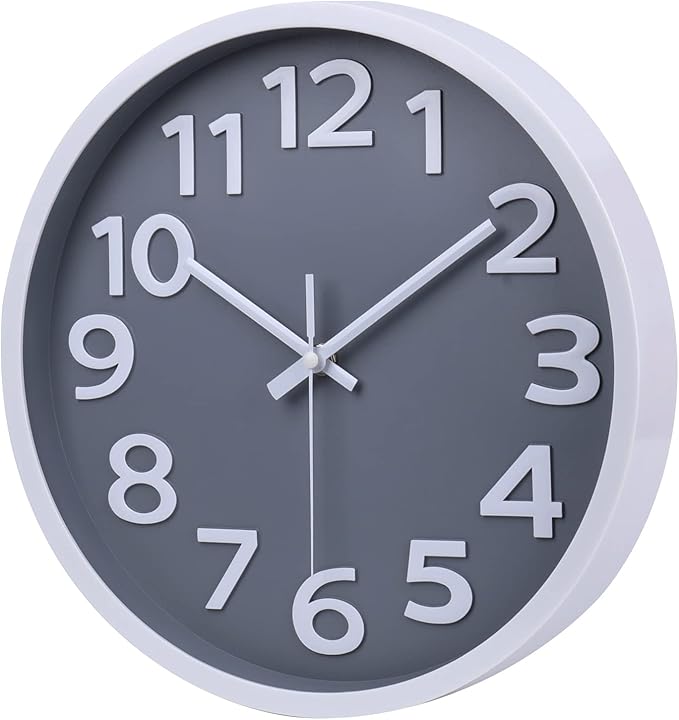 Wall Clock 12 Inch Silent Non-Ticking Battery Operated Clock Big Numbers Easy to Read Wall Clocks Decorative for Bathroom Office Kitchen Bedroom (Gray)