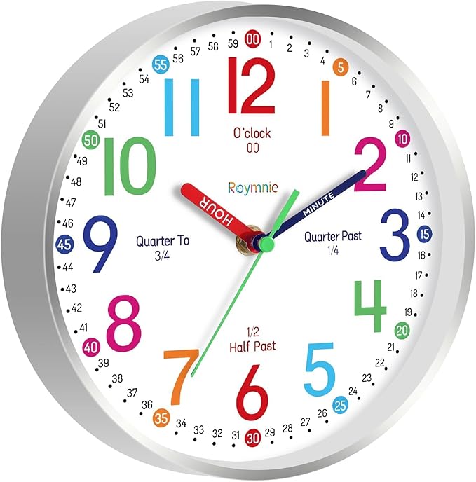 Wall Clock for Kids Learning to Tell Time Easily Non Ticking Battery Operated Kids Teaching Clock Silent Colorful Teaching Time Clock Decorative for Kids Room Classroom School (8 Inch)