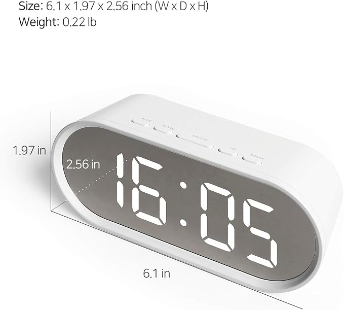 mooas Pop Mirror Digital Alarm Clock, LED Desk Clock with Nightlight, Snooze, Indoor Temperature, Battery Operated Small Size Clock for Kids Girls Bedroom Livingroom Office (White)