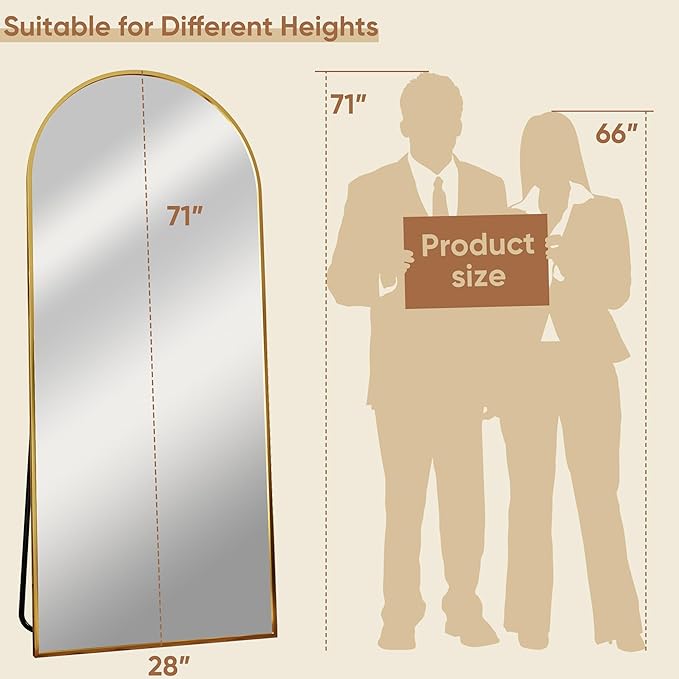 Full Length Mirror, 71"x28" Oversized Arched Mirror Large Standing Mirrors, Tall Mirrors Body Floor Mirror Hanging Mirrors for Bedroom Living Room Aluminum Frame, Gold