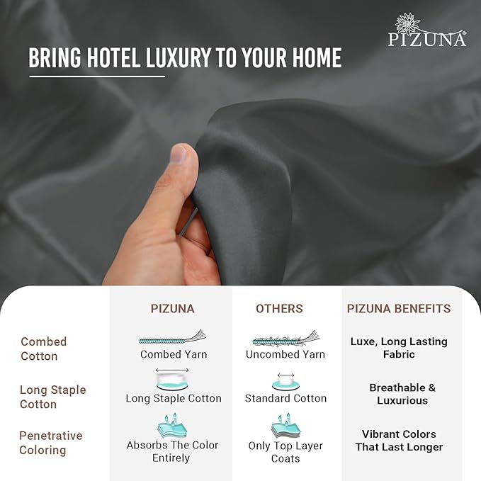 Pizuna 100% Cotton King 3 Pc Duvet Cover + 1 Pc Fitted Sheet Set 400 Thread Count Dark Grey Sateen Weave Luxurious Long Staple Cotton 4 Piece Bedding Set -1 Duvet Cover, 2 Pillow Shams, 1 Fitted Sheet