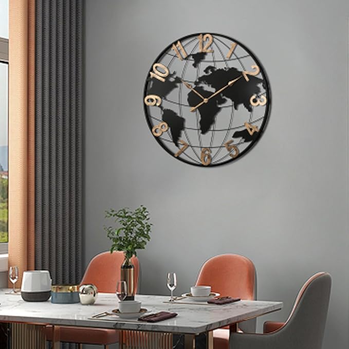 36 Inch Oversized World Map Wall Clock,Large Retro Silent Non-Ticking Battery Operated Clock for Living Room, Bedroom, Office, Kitchen, Black Arabic Numerals