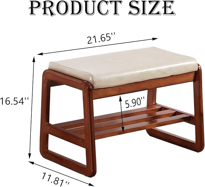 Solid Wood Shoe Bench, 2-Tier Wooden Entryway Bench, Modern Shoe Rack with Faux Leather Cushion for Hallway, Living Room (Gray, 21.65'')