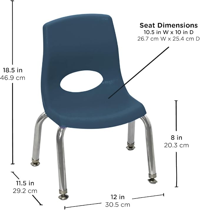 Children’s Factory MyPosture Plus 8" Chair, Navy with Chrome Legs, 2 Pack, Stackable Ergonomic Seating Solution for Classrooms and Homeschools