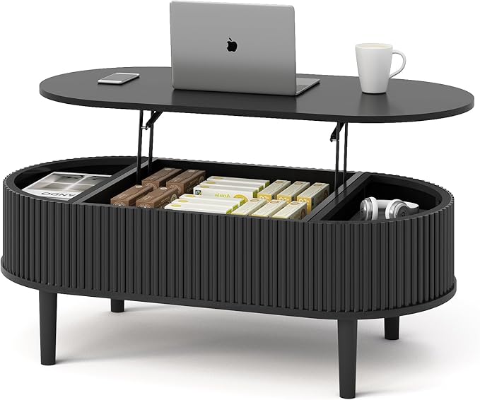 Ludatido 39 Inch Lift Top Coffee Table with 3 Storage for Living Room, Oval Coffee Table with Hidden Compartment, Fully Wooden Center Easy to Assembled for Home Living Room Office Black