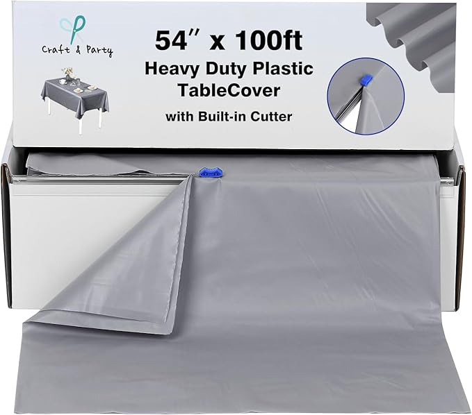 Craft And Party, 54 in x 100 feet Plastic Table Cover Roll for Party, Banquet, Picnic, Kids Activities for Any Size and Shape Table (Silver, 54" x 100ft)