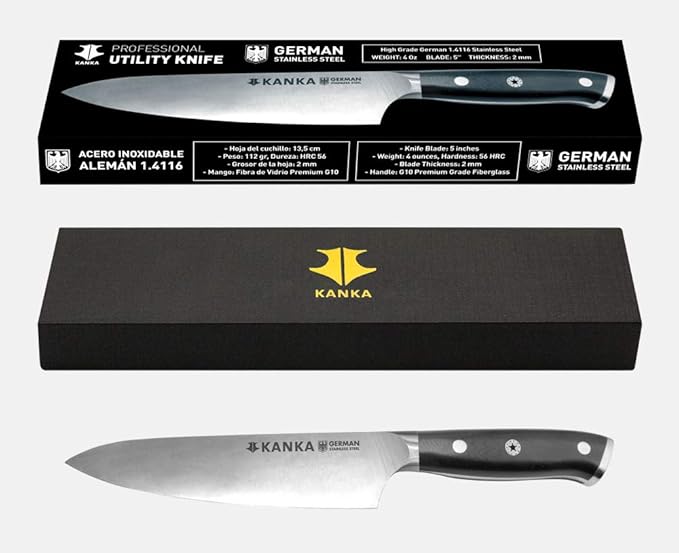KANKA 5 Inch Utility Kitchen Knife – German Stainless Steel Professional Cutlery with Premium Fiberglass Handle, Razor Sharp Blade for Cutting, Slicing, Carving, Peeling, Fruit & Meat