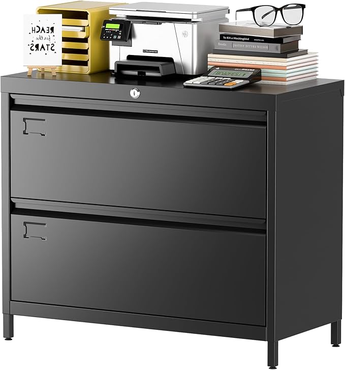 Metal 2 Drawer Lateral File Cabinet with Lock & Adjustable Feet - Wide Filing Cabinet for Letter/Legal/F4/A4 Hanging Files - Includes Business Card Holder,Home Office School Storage,Black