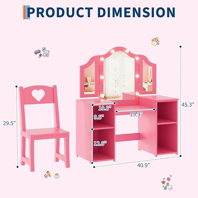 Kids Vanity Table, Princess Makeup Desk & Chair Set with touch Light Detachable Tri-Folding Mirror, Open Storage Shelves, Wooden Girls Vanity Dressing Table, Pretend Play Vanity Set for Toddler