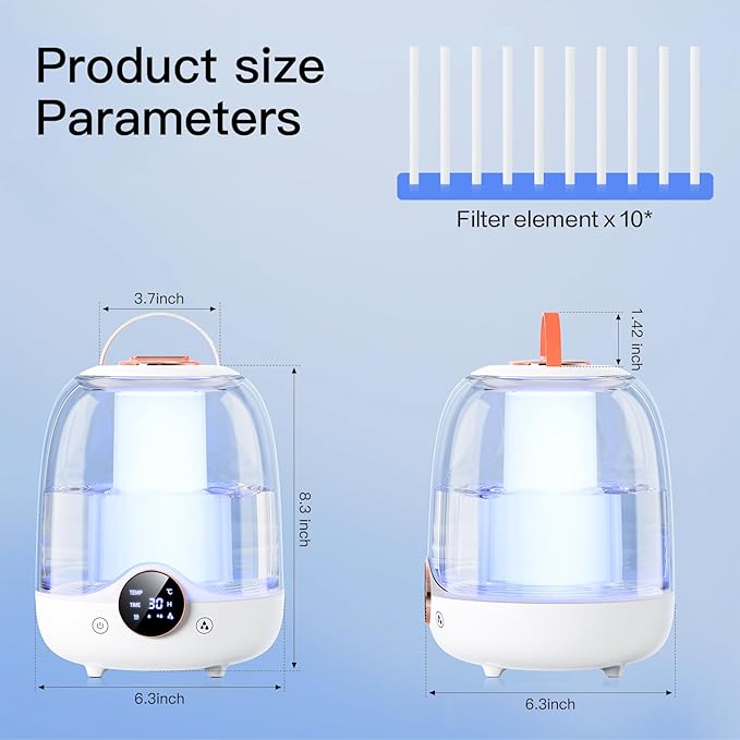 Humidifiers for Bedroom, 3L Tank for 30H 20dB Quiet Mist Time, Dual Nozzles, LED Lights, Smart Timer (2/4/8 Hours), Auto Shut-Off, Perfect for Baby and Large Rooms, (White)