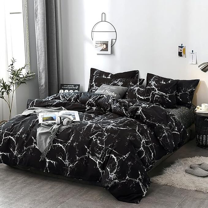Black Marble Comforter Set King Size 3-Piece Bedding Set with 1 Soft Comforter and 2 Pillowcases Modern Luxury Style All Season for Cozy Sleep