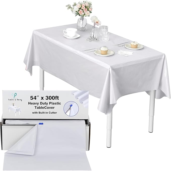 Craft And Party, 3X Thickness, 54 in x 300 feet Plastic Table Cover Roll for Party, 0.5Mil Banquet, Picnic, Kids Activities for Any Size and Shape Table (White, 54" x 300ft)