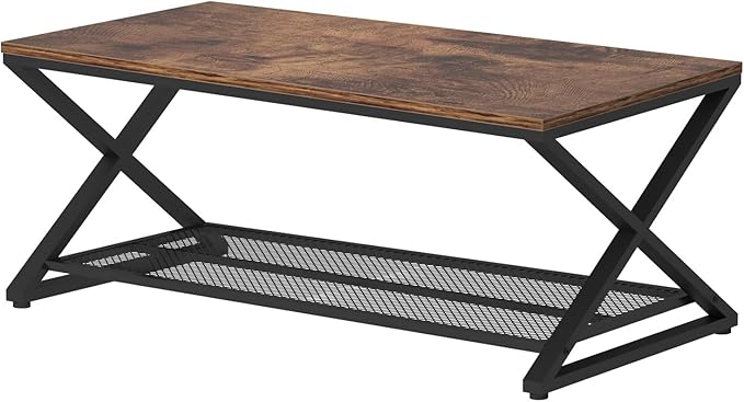 LVB Rustic Coffee Table, Industrial Metal Wood 2 Tier Cocktail Tea Table with Storage for Living Room, Farmhouse Wooden Rectangle Center Table with Mesh Shelf for Office Bedroom, 39 inch, Rustic Brown