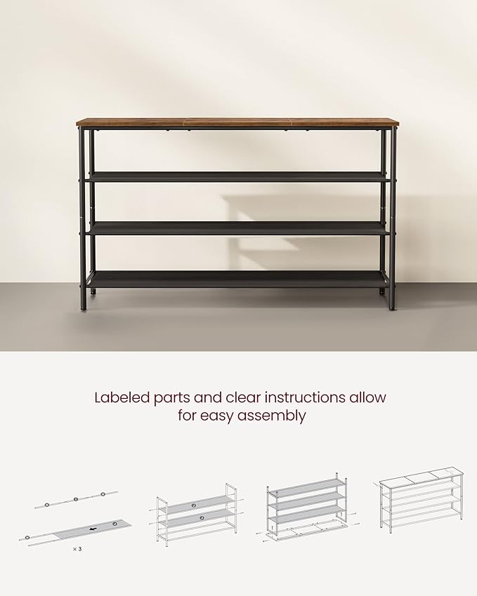 VASAGLE Shoe Rack, 4-Tier Shoe Storage Organizer for Entryway and Closet, Holds 15-18 Pairs of Shoes, 3 Fabric Shelves, Steel Frame, Industrial, Rustic Brown and Black ULBS135B01