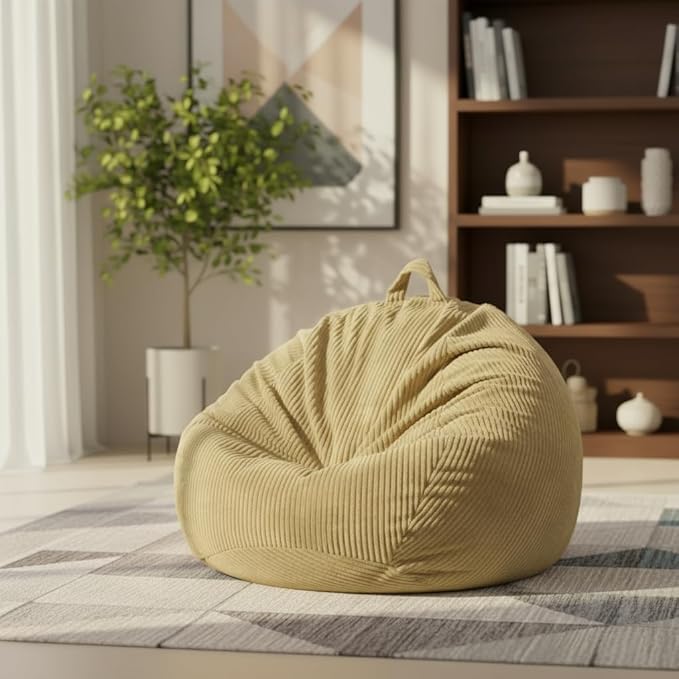 Stuffed Animal Storage Bean Bag Chair Cover, Cover Only (No Filler), Corduroy Toy Organizer Floor Cushion Seat, 48 in/120 cm Slipcover for Teens & Adults,Khaki