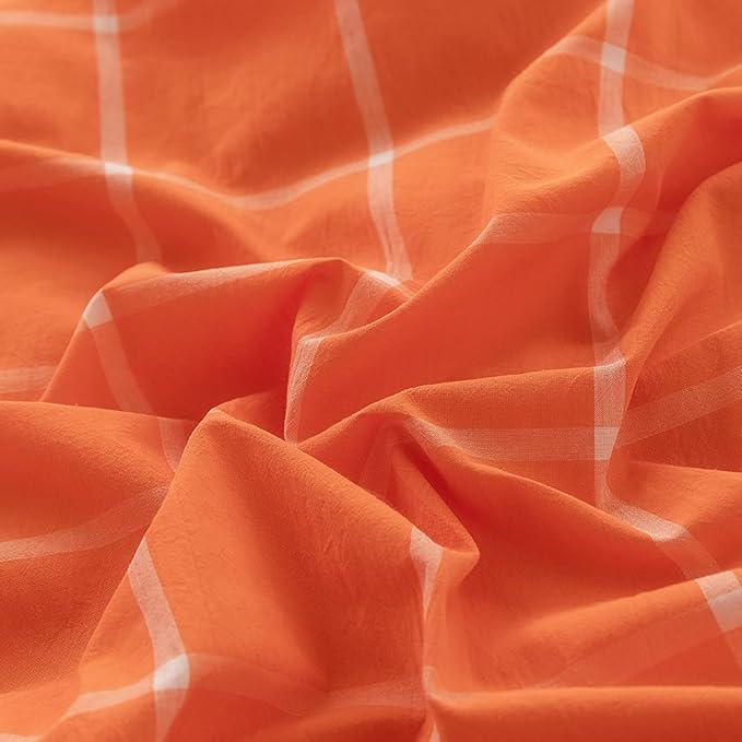 FACE TWO FACE Bedding Duvet Cover Set 3 Pieces 100% Washed Cotton Duvet Cover Linen Like Textured Breathable Durable Soft Comfy (King, Orange Grid)
