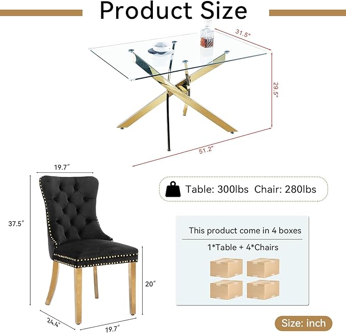 Goujxcy 51" Glass Dining Table Set for 4, Modern Kitchen Table and Chairs Set w/Steel Legs, 5-Piece Dining Table Set w/Glass Gold Dining Table and 4 Black Velvet Chairs for Kitchen Dining Room