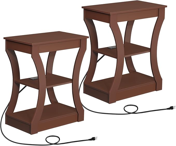 End Table with Charging Station, Set of 2, Side Table with USB Ports and Outlets, 3 Tier Nightstand with Storage Shelf for Small Spaces, Living Room, Bedroom, Cherry ETWA53E01S2