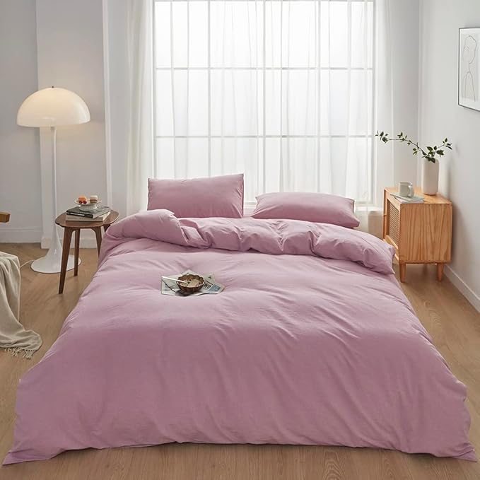 FACE TWO FACE Bedding Duvet Cover Set 3 Pieces 100% Washed Cotton Duvet Cover Linen Like Textured Breathable Durable Soft Comfy (King, Pink Purple.)