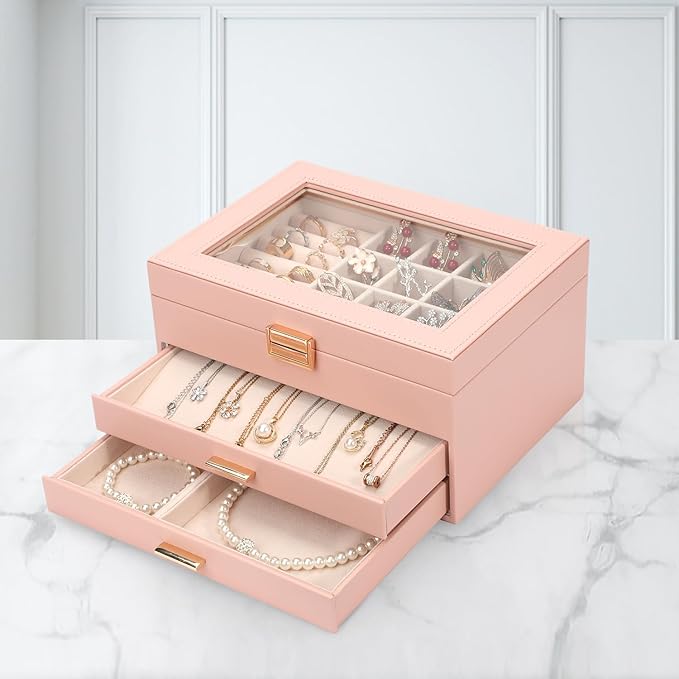 Voova Jewelry Box Organizer for Women Girls, 3 Layer PU Leather Jewelry Storage Case with Glass Lid & 2 Drawers, Large Jewellery Display Holder for Necklaces Rings Earrings Bracelets, Pink