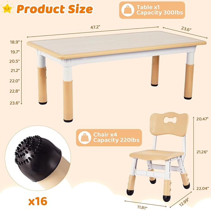 Arlopu Kids Table and 4 Chair Set, Height Adjustable Toddler Table and Chair Set, Non-Slip Legs, Graffiti Desktop, Large Children Activity Table, Reading Daycare Classroom Home (Beige)