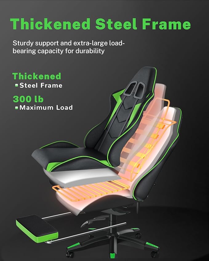Gaming Chair with Footrest, High Back Ergonomic Computer Gamer Chair with Headrest and Lumbar Support, Racing Style Reclining Game Chair for Adults, Kids (Green-Black)