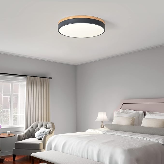 Dimmable Wood LED Flush Mount Ceiling Light, 5CCT 2700K-6000K Selectable Modern Round Close to Ceiling Lighting Fixtures, Minimalist Grey Ceiling Lamp for Living Room, Bedroom, Laundry Room