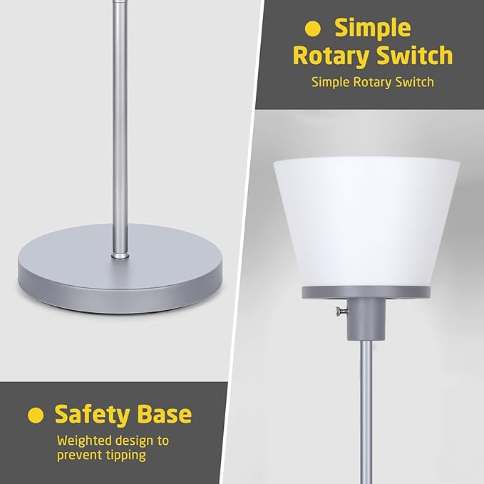 Standing Lamp for Bedroom, LED Modern Floor Lamp for Living Room Office, Sliver Tall Bright Floor Lamp with White Plastic Shade, Bulb Not Included.