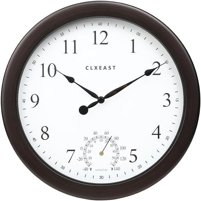 CLXEAST 10.4 Inch Indoor Outdoor Clocks Waterproof,Outdoor Clock with Temperature for Bathroom,Patio, Pool,Kitchen,Oil Rubbed Bronze Black Finish,House Warming Gifts New Home