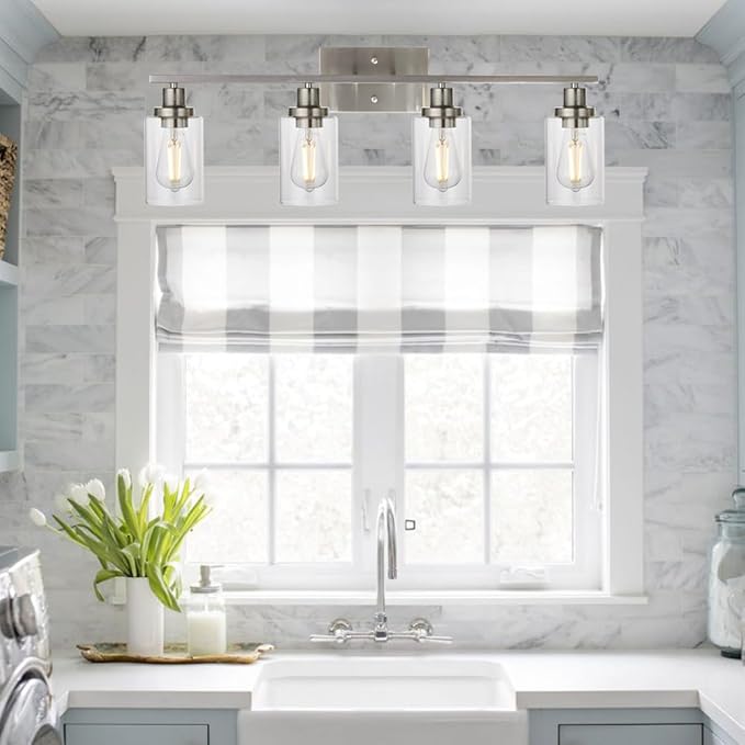MELUCEE Bathroom Light Fixtures Brushed Nickel 4 Heads Modern Vanity Lights Wall Sconce with Clear Glass Shade for Hallway Kitchen Bedroom Living Room (Patent No.: US D963914 S)