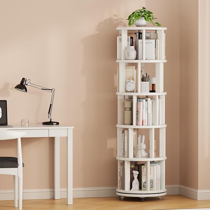 Solid Wood Rotating Bookshelf on Wheels, 5 Tier, Round Revolving Bookcase, 360° Spinning Book Shelf Tower for Kids, Narrow Rolling Bookshelves for Small Space, Corner, Bedroom, Office, White