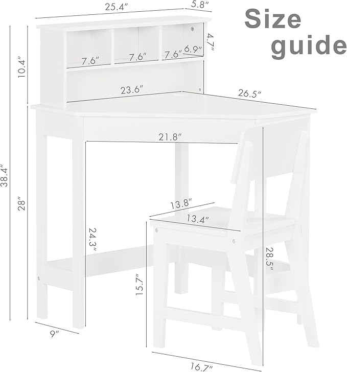 UTEX Kids Desk, Kids Corner Desk and Chair Set, Children Study Table with Storage and Hutch for Home School Use, White