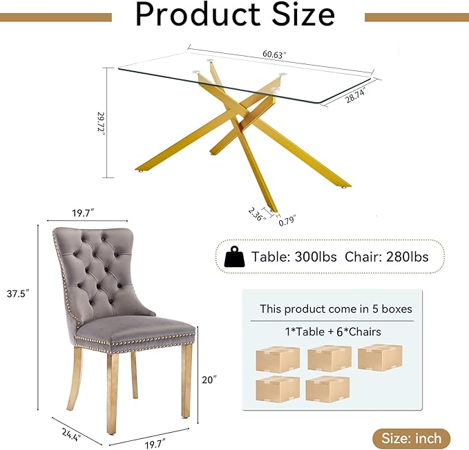 Goujxcy Glass Dining Table Set for 6, Modern Kitchen Table and Chairs Set of 6, 7-Piece Kitchen Dining Room Table Set w/61 Glass Gold Dining Table and 6 Gray Velvet Upholstered Chairs