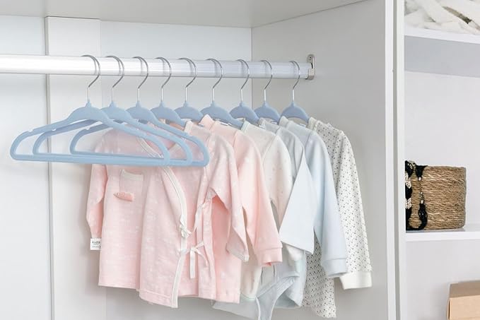 ManGotree 11" Baby Velvet Hangers, Non-Slip Infant Coat Hangers, Ultra-Thin Toddler Felt Hanger with 360° Swivel Hook, Space Saving Children's Hanger for Kids Clothes, 48 Pack (Blue)