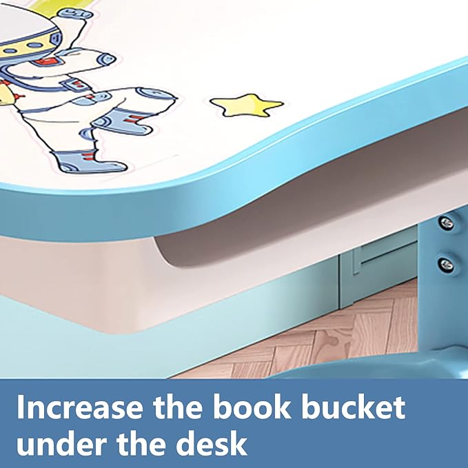 Kids Desk and Chair Set, Height Adjustable Children Study Desk, Golden Distance Preventing Myopia Design, Children Study Desk with Spacious Storage Drawer for Boys Girls School Home Study Tool (Blue)