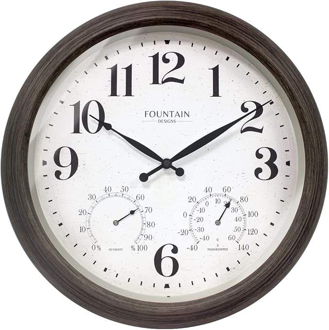 18 Inch Large Outdoor Clocks for Patio Large Waterproof with Thermometer,Outdoor Clock Thermometer Combo,Weatherproof for Patio,Pool and Garden Decor,Grey Oak