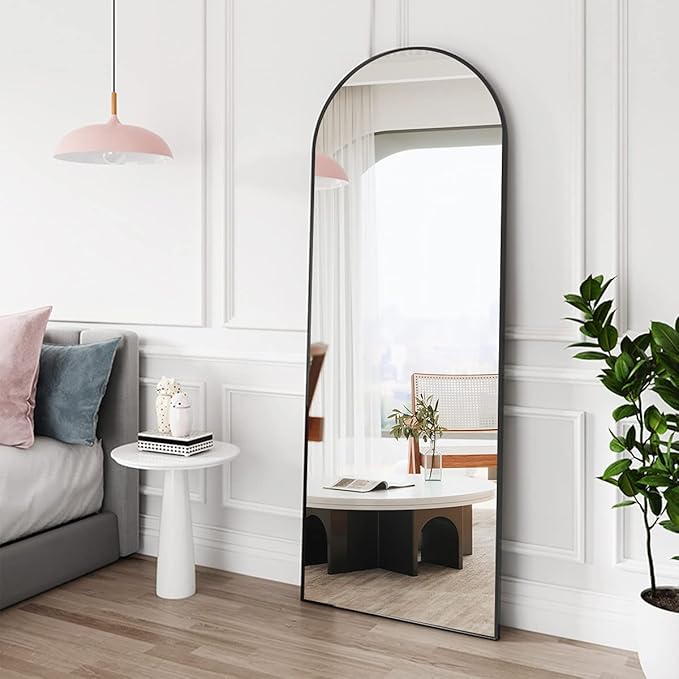 OGCAU Full Length Floor Mirror, Standing Hanging or Leaning Against Wall, Arched-Top Body Mirror for Floor & Wall in Bedroom, Wall-Mounted, Aluminum Alloy Frame (Blcak)