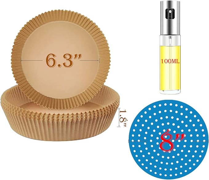 5 in 1 Accessories Kit for Air Fryer: Oil-proof Paper Liner, Silicone Liners, Oil Sprayer, Magnetic Cheat Sheet Set, Cookbook