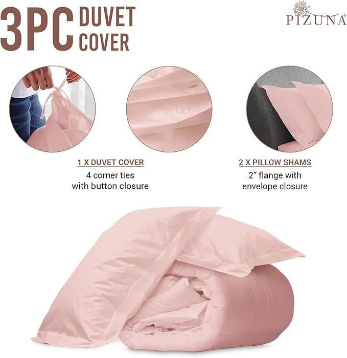 Pizuna Pure 100% Cotton Queen Duvet Cover Set, Luxurious 400 Thread Count Long Staple Cotton Sateen Weave with Button Closure (Combed Light Pink Cotton Duvet Cover Queen)