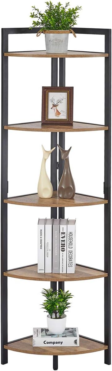 FATORRI Tall Corner Shelf, Industrial Corner Bookshelf, Wood and Metal Corner Shelf Stand for Living Room, Rustic Display Plant Stand for Home Office (Rustic Oak)