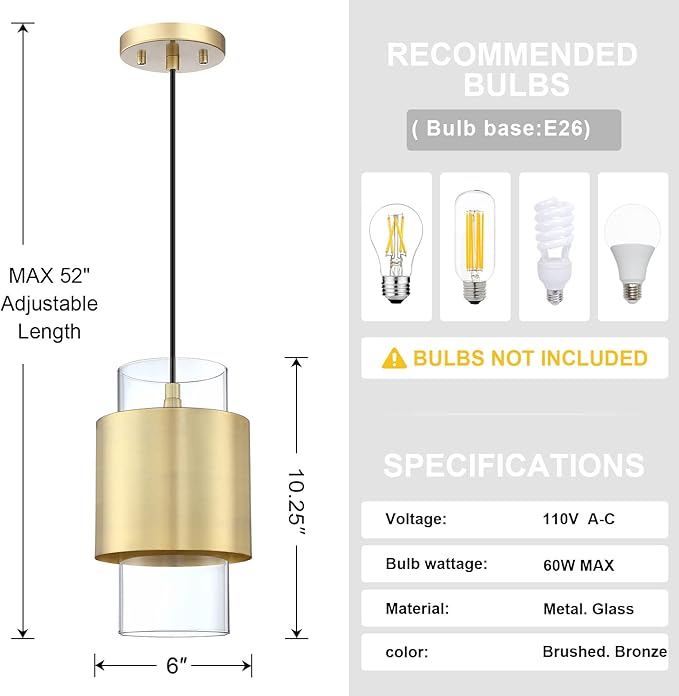 1 Light 3 Pack Hanging Indoor Kitchen Island Pendant Light 6" Drum Glass Shade Pendant Ceiling Light Fixtures Modern Farmhouse Dinning Over Sink (Gold Finish)