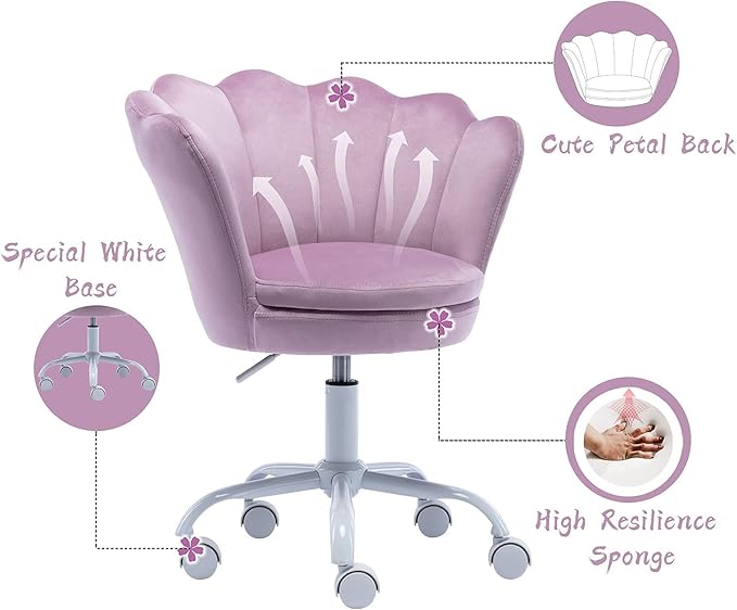 chairus Cute Kids Desk Chair Velvet Living Room Accent Armchair Upholstered Teens Vanity Chair with Seashell Back, Adjustable Swivel Children Study Chair for Computer Homework, Purple