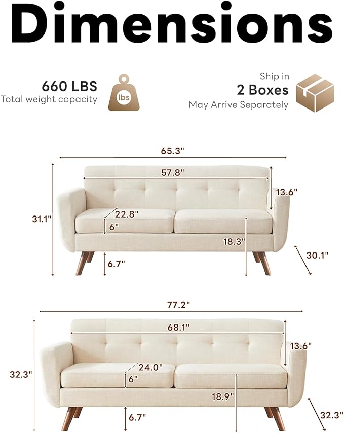 Tbfit Mid Century Modern Sofa Couch, Beige, Loveseat & Standard Sofa