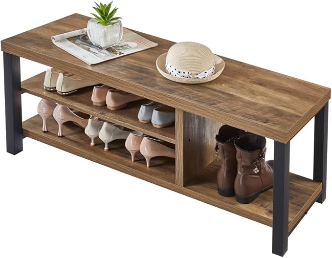 FOLUBAN Shoe Bench for Entryway, Wood and Metal Indoor Bench with Shoe Storage and Seating for Bedroom, Hallway, Living Room, Rustic Oak, 43.3 Inch