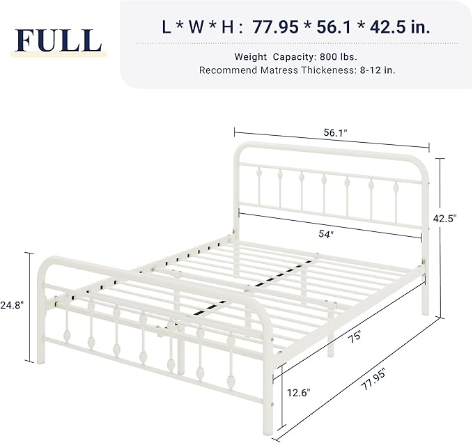 Allewie 14 Inches Full Size Metal Platform Bed Frame with Victorian Style Iron-Art Headboard/Footboard, Mattress Foundation, Easy Assembly, Under Bed Storage, No Box Spring Required, White