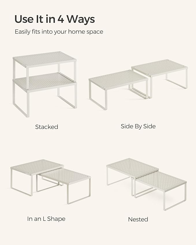 SONGMICS Spice Racks, Set of 4 Metal Cabinet Shelf Organizers, Countertop Organizers, Shelf Risers, Stackable, Expandable, Oatmeal Beige UKCS006K01