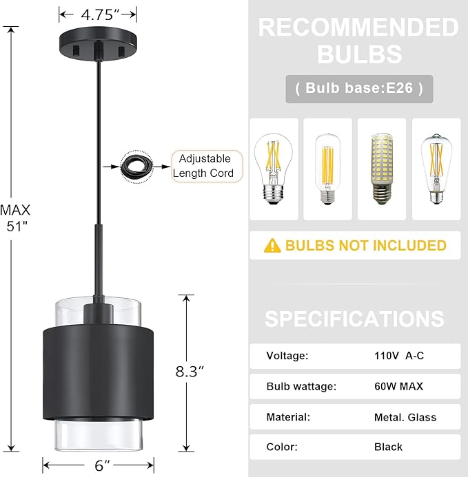 1 Light Hanging Kitchen Island Pendant Light 6" Drum Clear Glass Shade Indoor Pendant Ceiling Light Fixturess,Dark Gray Finish Modern Farmhouse Dinning Over Sink
